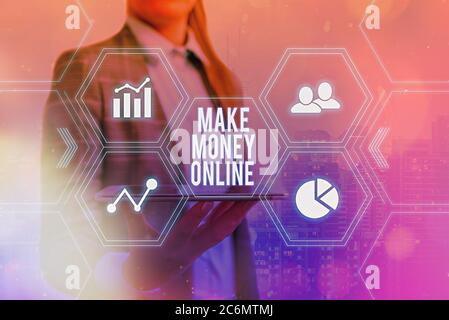 Testo di scrittura a mano Make Money Online. La foto concettuale ottiene paid guadagna contanti con freelancing e web marketing griglie e diverse impostazioni delle icone Foto Stock