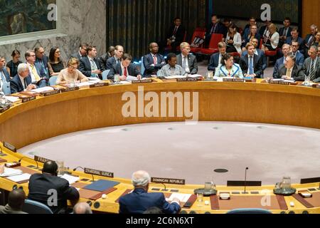 Il Segretario di Stato americano Mike Pompeo partecipa a una sessione del Consiglio di sicurezza dell'ONU sulla pace e la sicurezza in Medio Oriente a New York City il 20 agosto 2019 Foto Stock