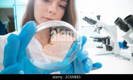 Controllo della qualità delle carni e dei pesci nel laboratorio di qualità alimentare Foto Stock