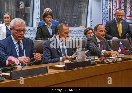 Il Segretario Mike Pompeo incontra il Ministro degli Esteri russo Sergey Lavrov durante la 74a UNGA al Palace Hotel, a New York City, il 27 settembre 2019 Foto Stock