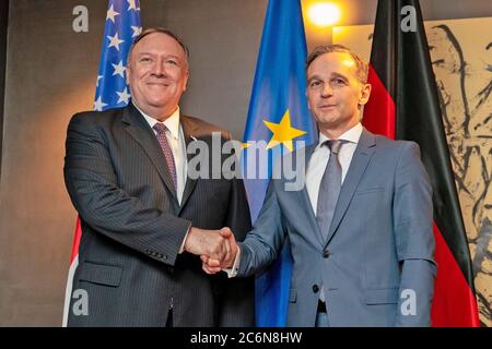 Il 14 febbraio 2020 il Segretario di Stato americano Michael R. Pompeo incontra il Ministro degli Esteri tedesco Heiko Maas a Monaco, in Germania Foto Stock