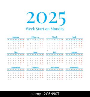 2025 Calendario classico. I giorni della settimana iniziano il lunedì Illustrazione Vettoriale