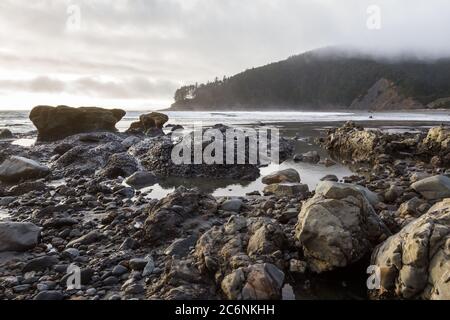 Pomeriggio di moody sulla costa dell'Oregon con nuvole basse e un po' di luce sulla costa rocciosa che conduce al punto di Cape Sebastian, nella parte meridionale di Orego Foto Stock