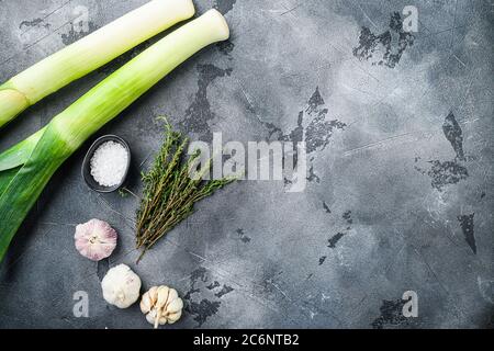 Gambi di porri con erbe ingredienti per cucinare porri brasati, su tavola grigia testurizzata vista dall'alto, spazio per il testo. Foto Stock