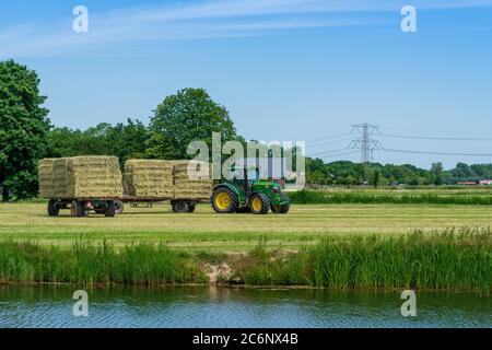 Dordrecht, Paesi Bassi - 1 giugno 2020: Trattore verde che carica balle di fieno su un rimorchio nella campagna rurale. Il Parco Nazionale di Biesbosch è uno dei più grandi parchi nazionali dei Paesi Bassi Foto Stock