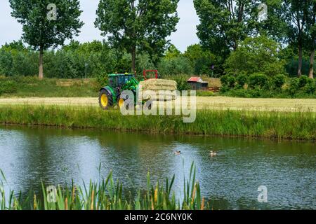 Dordrecht, Paesi Bassi - 1 giugno 2020: Trattore verde che carica balle di fieno su un rimorchio nella campagna rurale. Il Parco Nazionale di Biesbosch è uno dei più grandi parchi nazionali dei Paesi Bassi Foto Stock