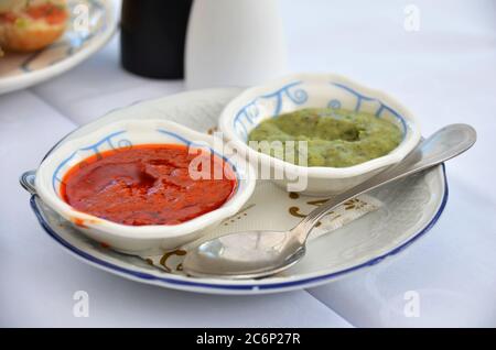 Mojo rojo an mojo verde, Costa Adeje, Tenerife Foto Stock