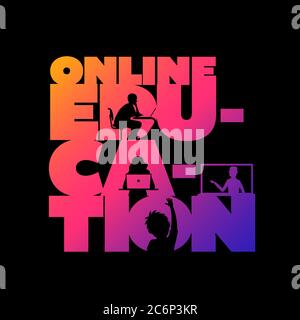 Online Education.Silhouette studenti guardando la lezione, ragazzo alza la mano nella lezione e l'insegnante spiega l'insegnante spiega la lezione in un computer portatile. Illustrazione Vettoriale