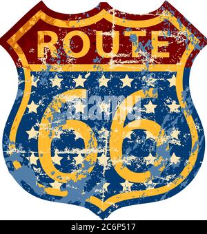 Segnale Route 66, segnale stradale maledetto, stile retrò, illustrazione vettoriale Illustrazione Vettoriale