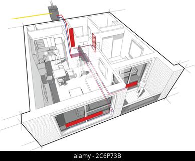 Schema in sezione prospettica di un appartamento con una camera da letto completamente arredato con riscaldamento a radiatore di acqua calda e caldaia a gas come fonte di energia Illustrazione Vettoriale