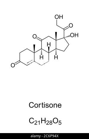 Struttura chimica e formula del cortisone. Ormone steroide e corticosteroide sintetico. Sopprime il sistema immunitario, riducendo l'infiammazione e il dolore. Foto Stock