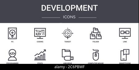 set di icone di linea di concetto di sviluppo. contiene icone utilizzabili per il web, il logo, l'interfaccia utente/utente come codifica, cartella, programmatore, unità usb, mouse per computer, smartpho Illustrazione Vettoriale