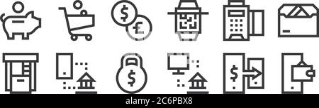 12 insieme di icone di pagamento lineare. icone di contorno sottile come mobile banking, pagamento online, mobile banking, edc, scambio, carrello per il web, mobil Illustrazione Vettoriale