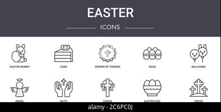 set di icone della linea di concetto pasquale. contiene icone utilizzabili per il web, logo, ui/ux come torta, uova, angelo, croce, uovo di pasqua, croce, palloncini, corona di thor Illustrazione Vettoriale