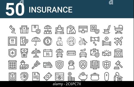 set di 50 icone di assicurazione. delineare icone di linea sottile come casa, assicurazione, stato reale, aereo, cassetta di sicurezza, ospedale, bara Illustrazione Vettoriale