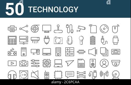 set di 50 icone tecnologiche. delineare icone sottili come webcam, cuffie, riproduzione, joystick, calcolatrice, condivisione, calcolatrice Illustrazione Vettoriale