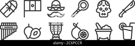 12 set di icone messico lineari. icone con contorni sottili come lime, lime, zapote, cranio, cappello messicano, bandiera messicana per il web, cellulare Illustrazione Vettoriale