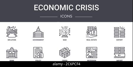 set di icone della linea di concetto di crisi economica. contiene icone utilizzabili per il web, logo, ui/ux come governo, settore immobiliare, banca, crisi, recessione, importazione, e Illustrazione Vettoriale