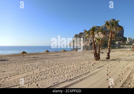 Spiaggia di sabbia vuota con palme di paglia, vista del Parco Naturale Penyal d'Ifac, blu calma Mar Mediterraneo al mattino in estate. Calpe spagnolo r Foto Stock