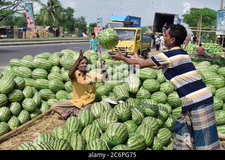 Felice agricoltore per i suoi frutti coltivati quando si raccoglie da campo. Foto Stock