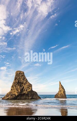Immagine verticale - due pile di mare che si riflettono nell'acqua sulla spiaggia di Bandon in Oregon Foto Stock