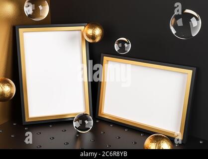 Due cornici dorate elegante modello di poster mock-up sulla camera d'angolo. Rendering 3D con bolle d'oro in vetro. Sfondo nero Foto Stock