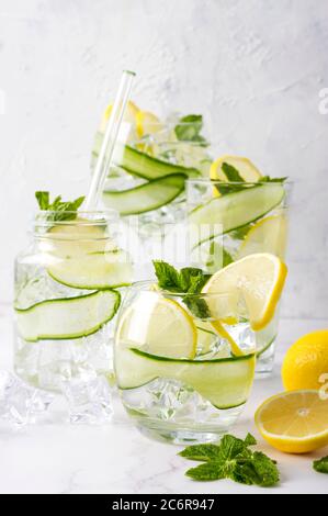 Bevanda alcolica (cocktail tonico gin) con limone, cetriolo, foglie di menta e ghiaccio bianco. Bevanda ghiacciata al limone. Foto Stock