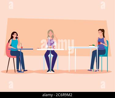 distanza sociale in nuovo concetto ristorante, donne sui tavoli, protezione, prevenzione del coronavirus covid 19 Illustrazione Vettoriale