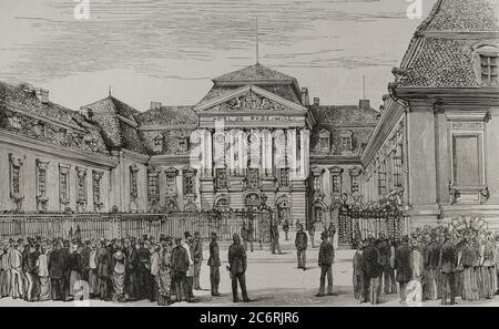 Historia de Alemania. Siglo XIX Congresso Diplomático de Berlín. Celebrado el 13 de junio de 1878, en el Palacio Radziwill, nueva residencia oficial del Príncipe de Bismarck (Palacio de la Cancillería del Imperio de Alemania). Se abordó la solución de las múltiples cuestiones de Oriente. Participaron siete potencias europeas: Alemania, Austria-Hungría, Francia, Gran Bretaña, Italia, Rusia y Turquía. Grabado por Capuz. La Ilustración Española y americana, 1878. Foto Stock