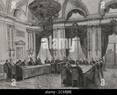 Historia de Alemania. Siglo XIX Congresso Diplomático de Berlín. Celebrado el 13 de junio de 1878, en el Palacio Radziwill, nueva residencia oficial del Príncipe de Bismarck (Palacio de la Cancillería del Imperio de Alemania). Se abordó la solución de las múltiples cuestiones de Oriente. Participaron siete potencias europeas: Alemania, Austria-Hungría, Francia, Gran Bretaña, Italia, Rusia y Turquía. Primera sesión del Congresso. Grabado por Capuz. La Ilustración Española y americana, 1878. Foto Stock