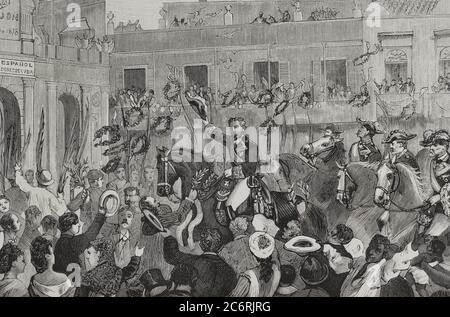 Arsenio Martínez Campos (1831-1900). Militar y político español. Pacificó Cuba y ocupó el cargo de presidente del gobierno. La Paz en Cuba. Habana. Entrada triunfal de Martínez Campos, el 14 de Junio de 1878. Dibujo por Juan Comba. Grabado por Ovejero. Deviazione. La Ilustración Española y americana, 1878. Foto Stock