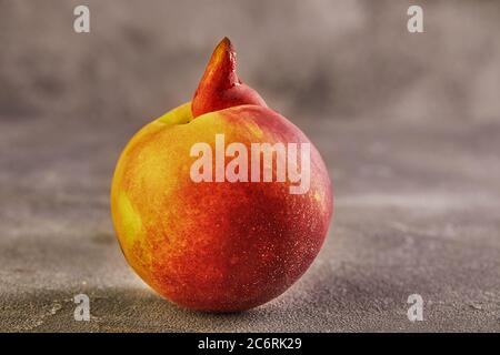 Frutta o verdura brutta. Pesche mutanti gravemente malformate su sfondo grigio. La frutta brutta non è in forte domanda. Foto Stock