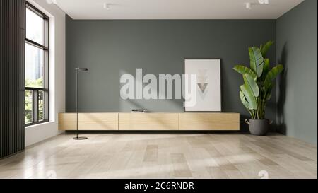 Interni minimalisti con rendering 3D del moderno salotto Foto Stock