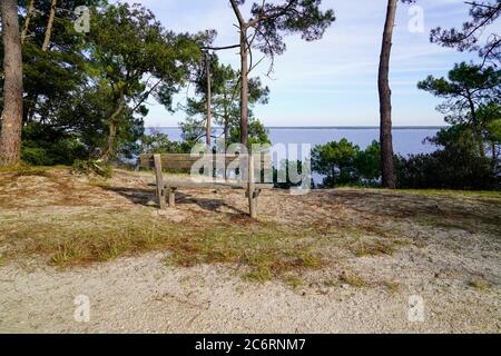 Panca di legno che guarda lago in duna spiaggia di sabbia Hourtin villaggio in gironda Francia Foto Stock