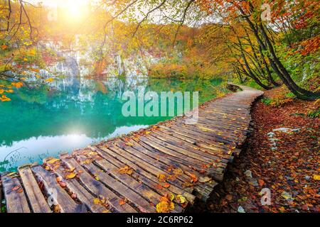 Incredibile scenario autunnale con lago spettacolare nella colorata foresta decidua. Accogliente passerella in legno sul lago turchese nel Plitvice National Foto Stock
