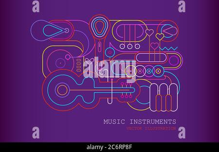 Colori al neon su sfondo viola sfumato Music Instrument Line Arte Silhouette illustrazione vettoriale. Immagini di contorno di chitarra, sassofono, piano keyb Illustrazione Vettoriale