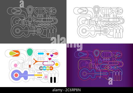 4 opzioni di illustrazione vettoriale silhouette artistiche della linea di strumenti musicali. Immagini di contorno di chitarra, sassofono, tastiera a piano, tromba, trombone, micro Illustrazione Vettoriale