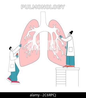 Piatti piccoli medici e polmoni. Concetto di persone sanitarie. Esame e trattamento astratti del sistema respiratorio. Controllo interno dell'organo per il Illustrazione Vettoriale