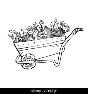 Doodle illustrazione di un carriola da giardino con piante e fiori. Caratteristiche, giardinaggio. Illustrazione Vettoriale
