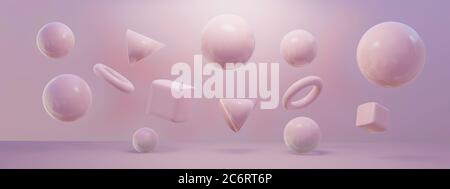 Rendering 3D di varie forme geometriche rosa su superficie e sfondo rosa. Concetto di ripetizione di rendering 3D. Illustrazione 3d di alta qualità Foto Stock