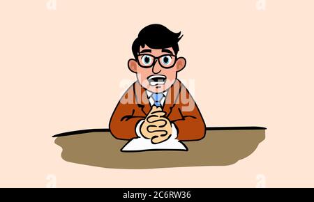 News Anchor in TV,situazione report,leggi clip su carta. Illustrazione del cartone animato Vector Flat Style. Foto Stock