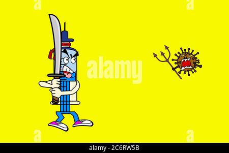 Personaggio siringa cartone animato lotta con coronavirus (COVID-19), concetto di vaccino. Combatti in stile cinese. Foto Stock