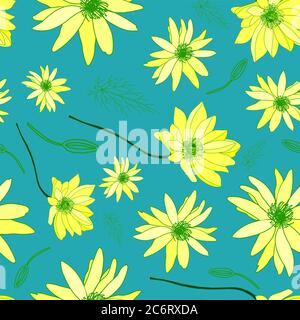 Modello Adonis. Motivo floreale estivo luminoso. Turchese. Illustrazione vettoriale. Illustrazione botanica Illustrazione Vettoriale