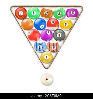 Set di palline 3D lucide snooker con triangolo, illustrazione vettoriale. Illustrazione Vettoriale