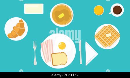 Immagine isolata da vettore di una colazione con uova fritte, pancetta, pane, toast, croissant, pancake, waffle, burro, caffè, succo di frutta, forchetta, coltello, pla Illustrazione Vettoriale