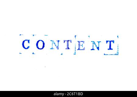 Inchiostro blu del timbro di gomma nel contenuto delle parole su sfondo di carta bianca Foto Stock