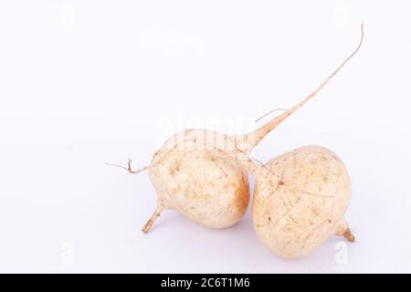 Il fagiolo di iam ( Jicama ) è cibo di frutta vegetale di radice bulbosa sullo sfondo bianco Foto Stock