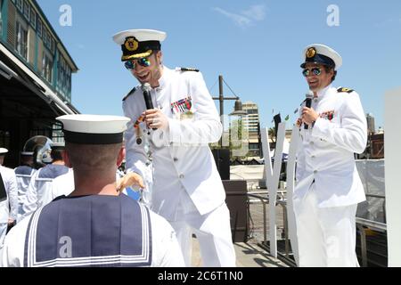 Hamish e Andy alla raccolta fondi annuale Wharf4Ward della Sony Foundation presso Woolloomooloo Wharf, Cowper Wharf Road a Sydney. Foto Stock