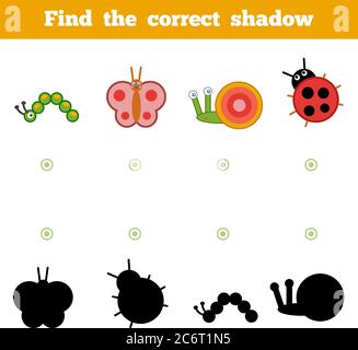 Trova l'ombra corretta, gioco di istruzione per i bambini. Set di insetti cartoni animati Illustrazione Vettoriale