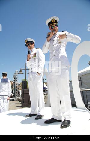 Hamish e Andy alla raccolta fondi annuale Wharf4Ward della Sony Foundation presso Woolloomooloo Wharf, Cowper Wharf Road a Sydney. Foto Stock